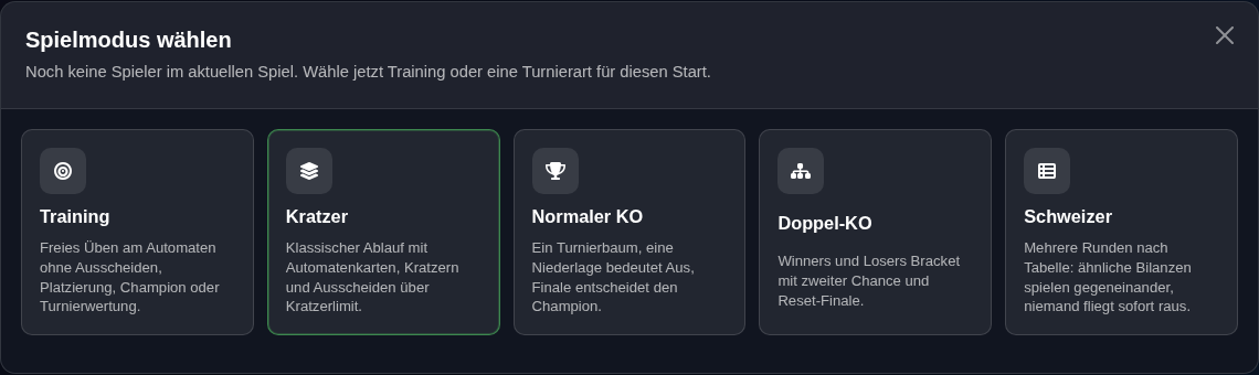 Ausschnitt der EzDarts-Spielmodus-Auswahl