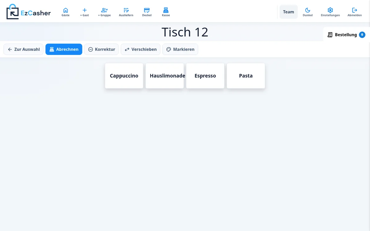 EzCasher Bestellansicht für Tisch 12 mit vier Artikeln