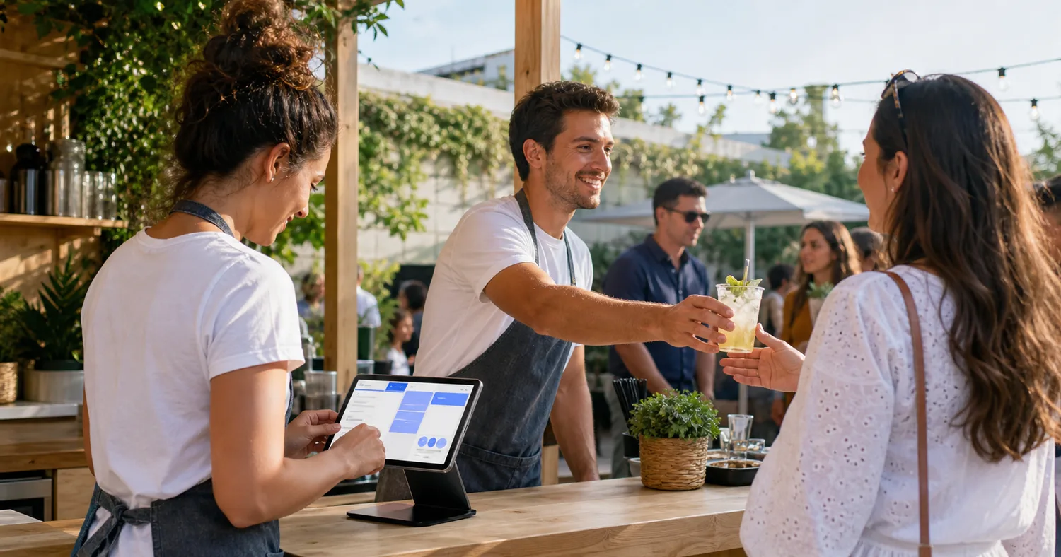 Mobiler Service mit Tablet bei einem hellen Outdoor-Event