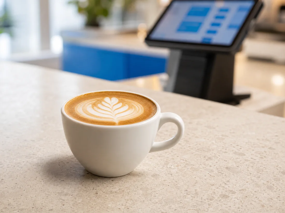 Cappuccino an einem modernen Kassenplatz