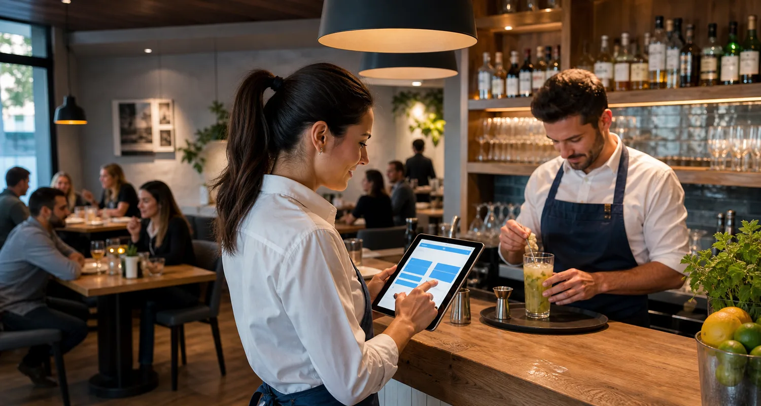 Service-Team arbeitet mit Tablet und Getränken in einem modernen Restaurant